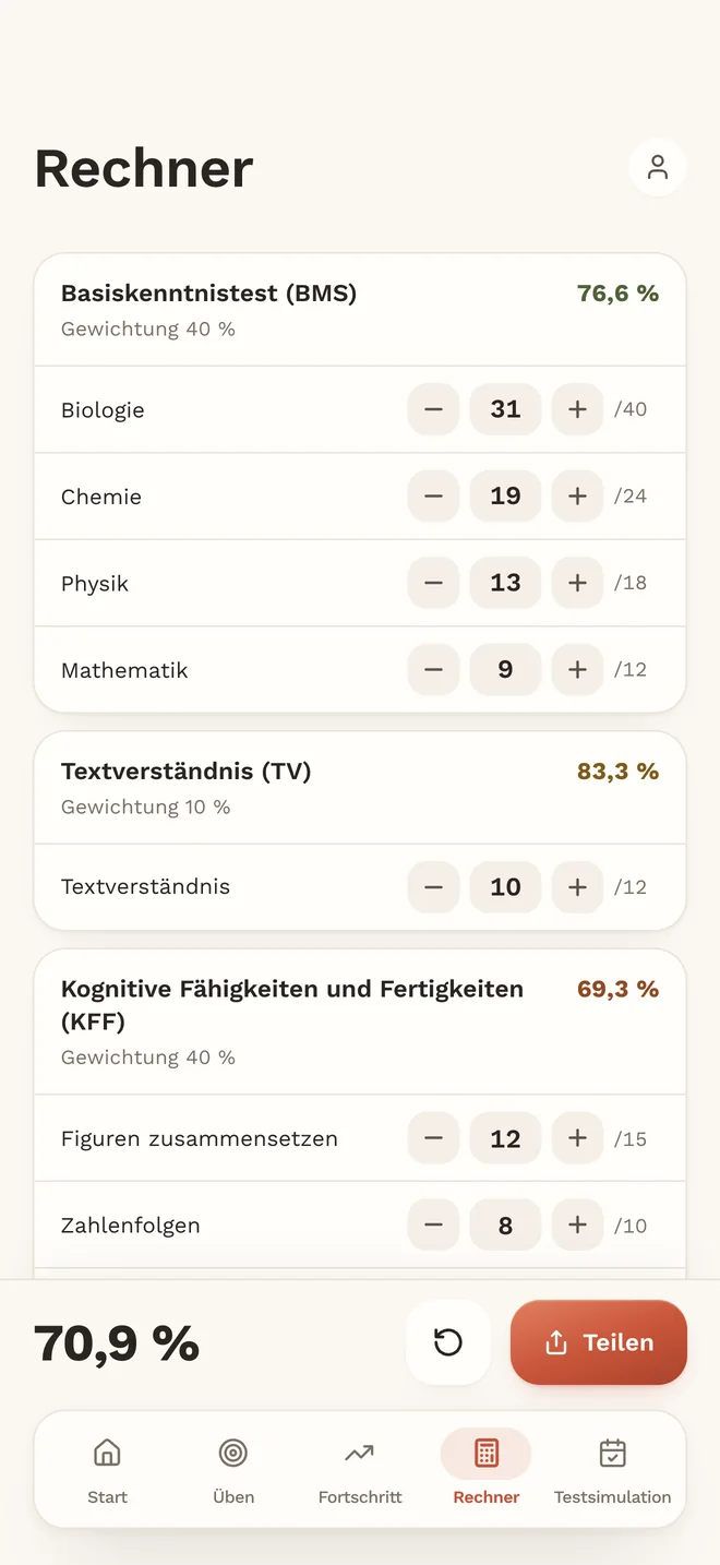 Testwert-Rechner in der App MedAT red