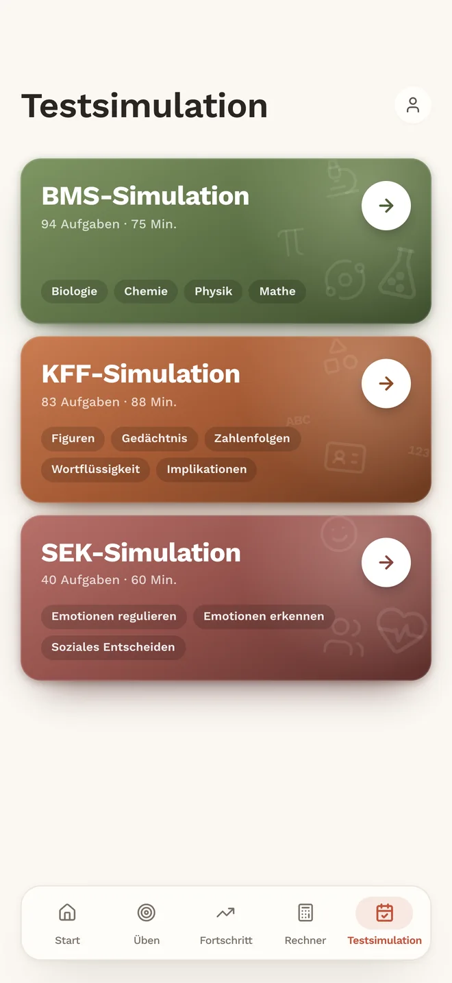 Testsimulation in der App MedAT red mit der KFF-Simulation