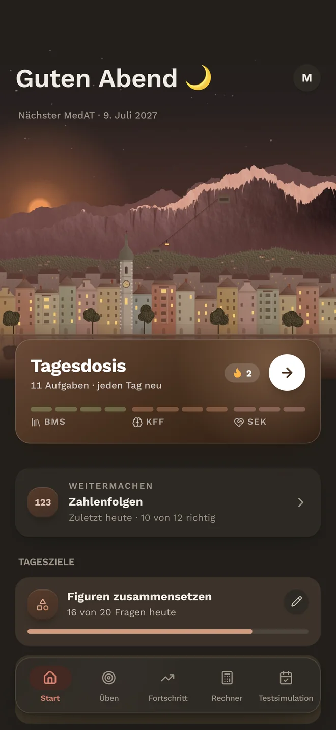MedAT red App: Startbildschirm im dunklen Modus