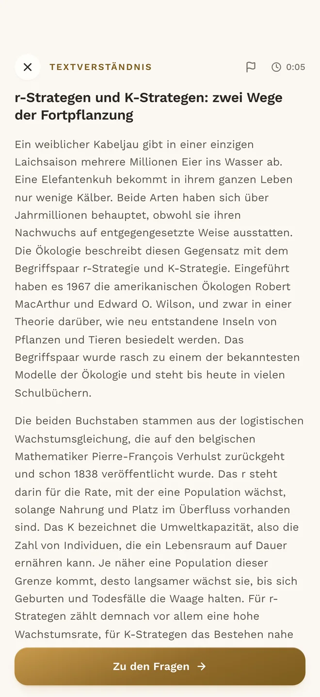 Textverständnis in der App MedAT red: Lesephase mit Uhr