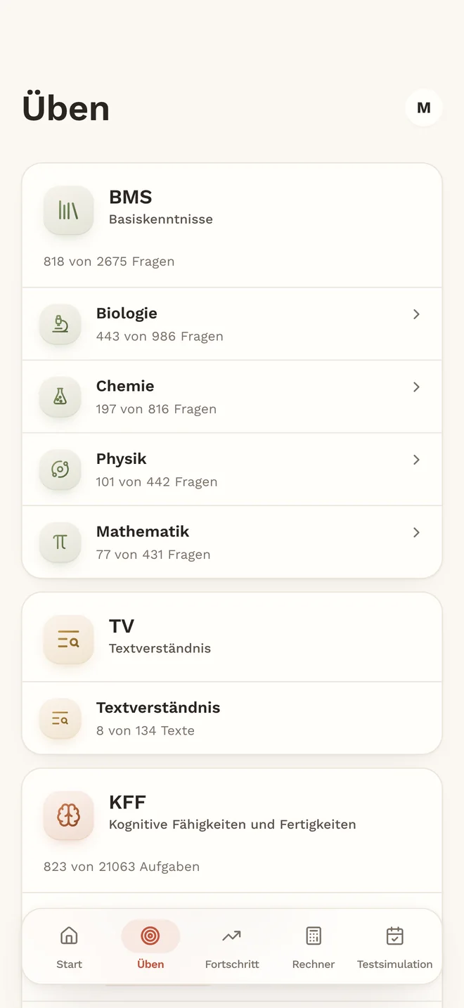 Übungsbereich der App MedAT red mit Mathematik im BMS