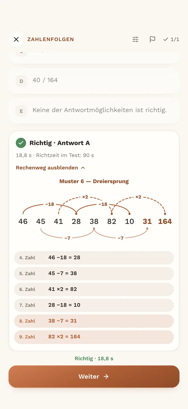 Zahlenfolgen in der App MedAT red